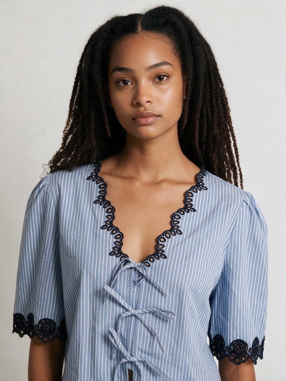 Ann Taylor Lace Trim Top NWT | Medium • Blue Stripe • Tie Front
